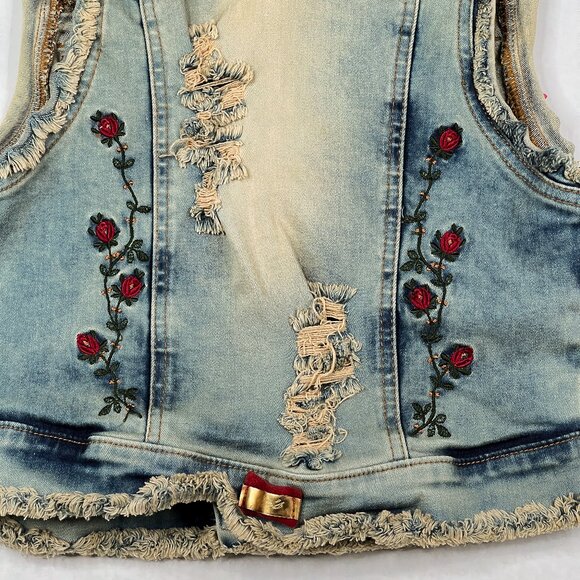 '90s Vintage Acid-Wash Rose Embroidered Destroyed Goth Denim Jeans Vest Size 6 - Picture 9 of 13
